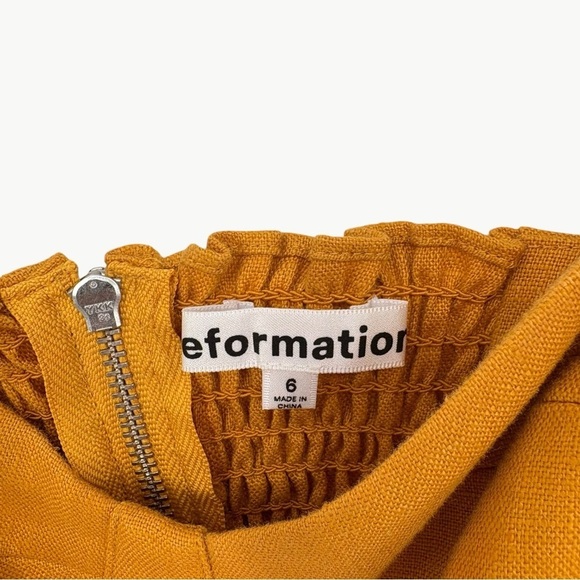 Reformation Spring Bow Linen Corset Mini Dress Size 6 Yellow Puff Sleeve A Line - Picture 10 of 14